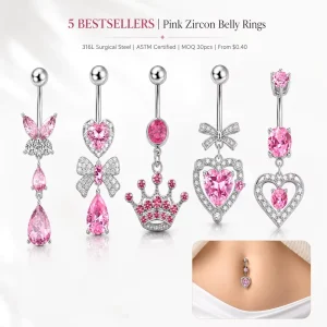 316L Stainless Steel Belly Button Ring Heart Butterfly Zircon Navel Piercing Rings 30pcs ASTM Belly Rings