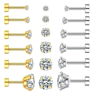 316L Stainless Steel CZ Stud Earrings Prong Set Cubic Zirconia Flat Back Cartilage Ear Piercing Jewelry Multiple Sizes
