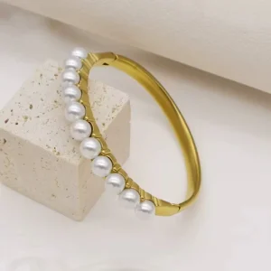 316L Stainless Steel Elegant Artificial Pearls 18k Gold Cuff Bracelet & Bangle for Women Bridal Fashion Texture Charm Jewelry