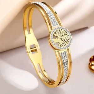 316L Stainless Steel European American Popular 18K Gold Plated Zirconia Women Fashion Tree of Life Bracelet & Bangles Friendship