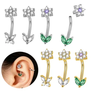 316L Stainless Steel Flower Eyebrow Ring Curved bar Internal Rook Piercing Earring Jewelry