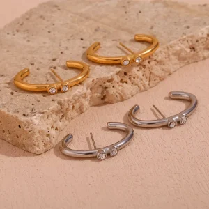 316L Stainless Steel Jewelry 18K PVD Gold Earrings Creative Micro Inlaid C-Shaped Ear Clip Earrings for Women
