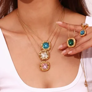 316L Stainless Steel Jewelry 18K PVD Gold Necklace Vintage Water Resistant Round Square CZ Colorful Shining Zirconia Pendant