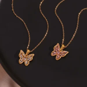 316L Stainless Steel Jewelry Butterfly Pendant Necklace 18K PVD Gold Necklace Butterfly Zirconia Necklace