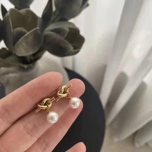 316L Stainless Steel Jewelry Gold Plated Twisted Knot Stud Earrings Tarnish Free Pearl Studs for Women Fashion Accessory