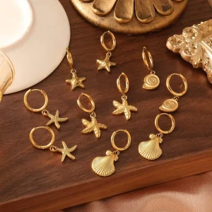 316L Stainless Steel Seashell Starfish Charm Hoop Earrings 18K Gold Plated Waterproof Hypoallergenic Beach Vacation Jewelry