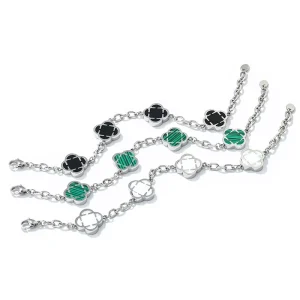 316L Stainless Steel Silver Plated Sided Clover Charm Bracelet with Malachite Link Chain Fashion Jewelry Custom Bulk