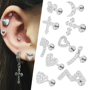 316L Stainless Steel Zircon Piercing Earrings Tragus Helix Daith Lobe Devil Flat Back Ear Nose Stud Labret Body Piercing Jewelry