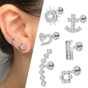 316L Stainless Steel Zircon Piercing Earrings Tragus Helix Lobe Devil Flat Back Ear Nose Stud Labret Body Piercing Jewelry