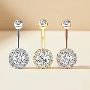 316L Surgical Steel Belly Button Ring Round Halo CZ Zircon Navel Piercing Hypoallergenic Body Jewelry Silver Gold Rose Gold