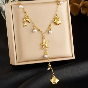 316LStainless Steel Gold Ocean Lariat Necklace Y Drop Pearl Dolphin Starfish Shell Fish Charm Jewelry Women Custom OEM