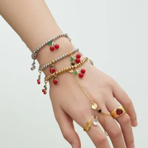316l Stainless Steel Jewelry 18k Pvd Gold Bangle Cherry Daisy Multi Charm Bead Bracelet Stylish Unique Bracelet Jewelry