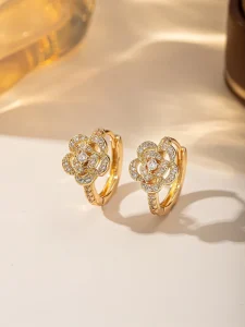3D Camellia Flower Micro-Set Zircon Earrings 18K Gold-Plated Ear Clips for Office Wear