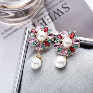 3D Colorful Crystal Flower Pearl Drop Earrings Gold Plated Zircon Dangle Women’s Trendy Korean European American Fashion Jewelry