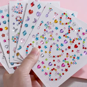3D Cute Face Gems Self Adhesive Stickers Kids Princess Temporary Tattoo Sparkling Makeup Costume Decoration Heart Bow Star