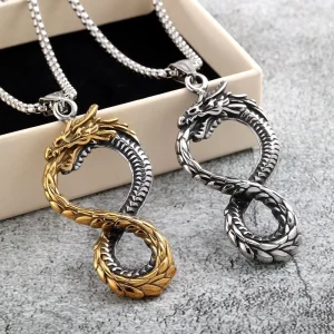 3D Dragon Figure Eight Pendant Necklace Stainless Steel Vintage Unisex Jewelry for Men Women Bulk