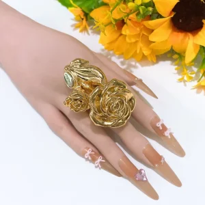 3D Gold Plated Rose Flower Statement Ring Vintage Alloy Adjustable Open Finger Ring Women Elegant Romantic Party Jewelry