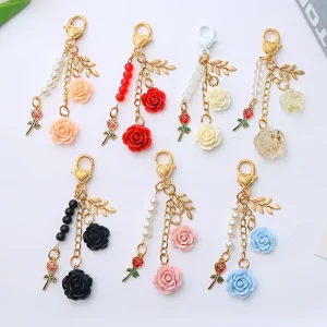 3D Rose Keychain Flower Charm with Chain Tassel Rose Pendant Keyring for Women Girls Purse Handbag Decor