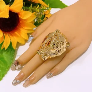 3D Sculpted Gold Lion Head Statement Ring Men Women Vintage Chunky Animal Adjustable Open Band Hip Hop Party Finger Jewelry