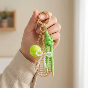 3D Tennis Golf Sports Keychain Bag Pendant Hand woven Rope Pearl Bow Keychain Fashion Accessories Charm Accessories