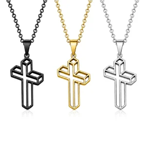 3D Visual Cross Pendant Necklace Stainless Steel Geometric Hollow Christian Religious Faith Jewelry Trendy Gift Women Men