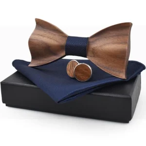 3D Wooden Bow Tie Set Striped Pattern Handkerchief with Cufflinks and Gift Box for Men Male