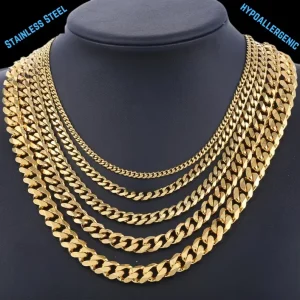3MM 5MM 6MM 7MM Waterproof Hip Hop 18k Gold Plated Cuban Curb Link Mens Miami Stainless Steel Jewelry Chain Necklace