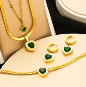 3PC Women’s Korean Style Fashion Costume Jewelry Set Stainless Steel 18K Gold Plated Crystal Rhinestone Heart Wedding Party