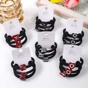 3PCS Women Thick Hair Ties 5cm High Elastic Bands Resin Cartoon Charms Custom Logo Barcoded Card Retail Ready Small