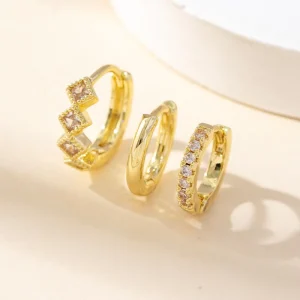 3PCS Zircon Gold Color Round Hoop Earrings Set for Women Small Ear Stud Earring Wedding Jewelry