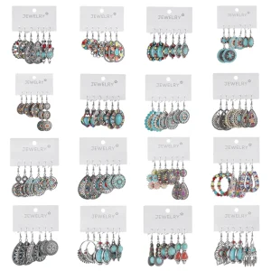 3Pair Vintage Zinc Alloy Flower Fringe Earrings Set Mixed Enamel Round Teardrop Feather Tassel Drop Ethnic Jewelry Women