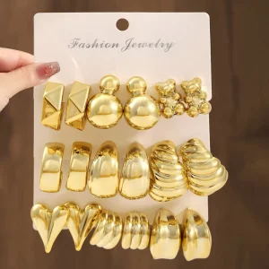 3Pairs set Trendy Exaggerated Gold C shaped Water Drop Heart Geometric Stud Earring Set Ball Bear Chunky Hoop Earrings for Women