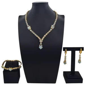 3Pcs Bridal Jewelry Gold Plated Square Light Blue Cubic Zirconia V Shape Necklace Banquet Women Accessories HJ2500114