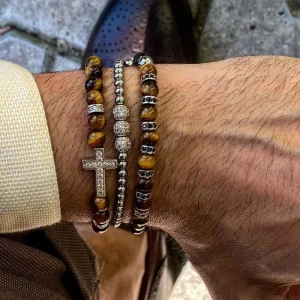 3Pcs Set Natural Tiger Eye Stone Bracelet Men Luxury Gold CZ Micro Pave Cross Charm Bracelet Healing Energy Jewelry for Men