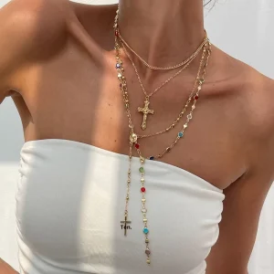 3Pcs Set Y2K Multi Color Inlay Rhinestone Long Chain Cross Necklaces for Women Stackable Lady Choker Accessories Fashion Jewelry