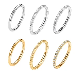3pcs 316L Stainless Steel Gold CZ Twist Hinged Segment Ring Nose Septum Helix Cartilage Hoop Piercing Wedding Gift