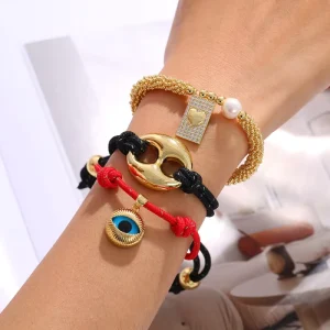 3pcs Boho Stackable Bracelet Set with Gold Mesh, Pave Heart & Colorful Eye Charm