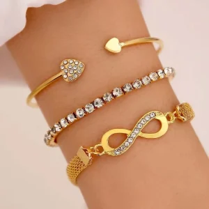 3pcs Fashion Jewelry Bangles Bracelets Set Trendy Rhinestone Crystal Charm 8 Word Infinity Heart Tennis Chain Bracelet for Women