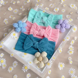 3pcs Newborn Kids Handmade Cable Knit Wide Nylon Headbands Knotted Hair Bow Ribbed Headband Children Girls Hair Accessories