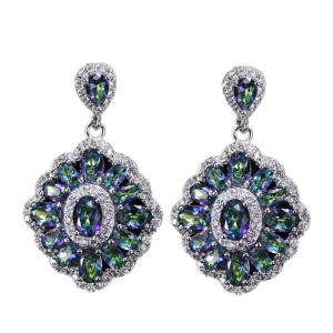 3pcs Rhodium Plated Vintage Ethnic Cubic Zirconia Jewelry Set Multi Colored Bohemian Ring Necklace Earring Ladies Party Gift