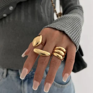 3pcs Set Simple Alloy Gold Plated Irregular Ring Geometric Opening Finger Rings Fashion Jewelry Set for Women and Girls