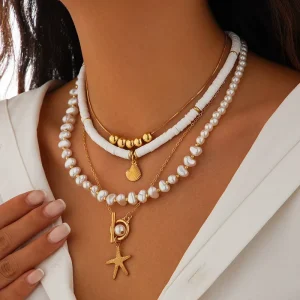 3pcs Vintage Bohemian Seashell Flower Pendant Necklace Women Imitation Pearl Bead Chain Choker Beach Vacation Jewelry