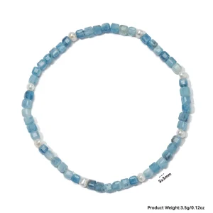 3x3mm Natural Kyanite Stone Beads Bracelet Faceted Cube Square Beaded Bracelets with Freshwater Pearl Jewelry for Women Girls