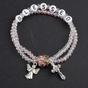 3x4mm Crystal Beads with 15mm Murano Glass Beads Religious Catholic Rosary Bracelet Cross Charm Angel Medal Unisex Blessed