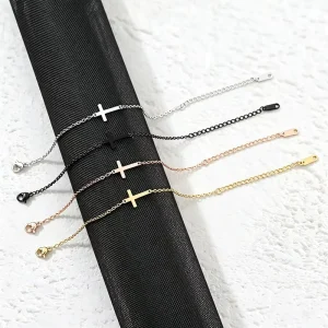 4 Colors Flat Cross Tag Bracelet Dainty Beaded Chain Lobster Clasp Stackable Fashion Wrist Jewelry