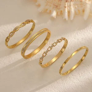 4 Designs Cubic Zirconia Open Stainless Steel Bangles 18K PVD Gold Plated Non Tarnish Geometric Bangle Trendy Stylish Jewelry