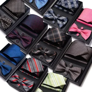 4 PCS Luxury Classic Men’s Tie Bowtie Handkerchief Cufflinks Set Polyester Suit Accessory With Custom Logo Wedding Parties Gifts
