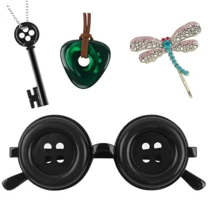 4 Pcs Plastic Accessories Fit Cosplay Costume Button Eyes Glasses Key Necklace Hair Clip Green Stone Set Halloween Merchandise