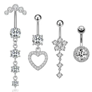 4 Piece Fashion Navel Ring Set Flower Heart Claw Set Cubic Zirconia Silver Plated Stainless Steel Unisex Belly Buttons Rings