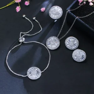 4 Piece Fashion Women Accessories Silver Color Round Cubic Zircon Necklace Bracelet Ring Women Jewelry Sets Best Friends Gift